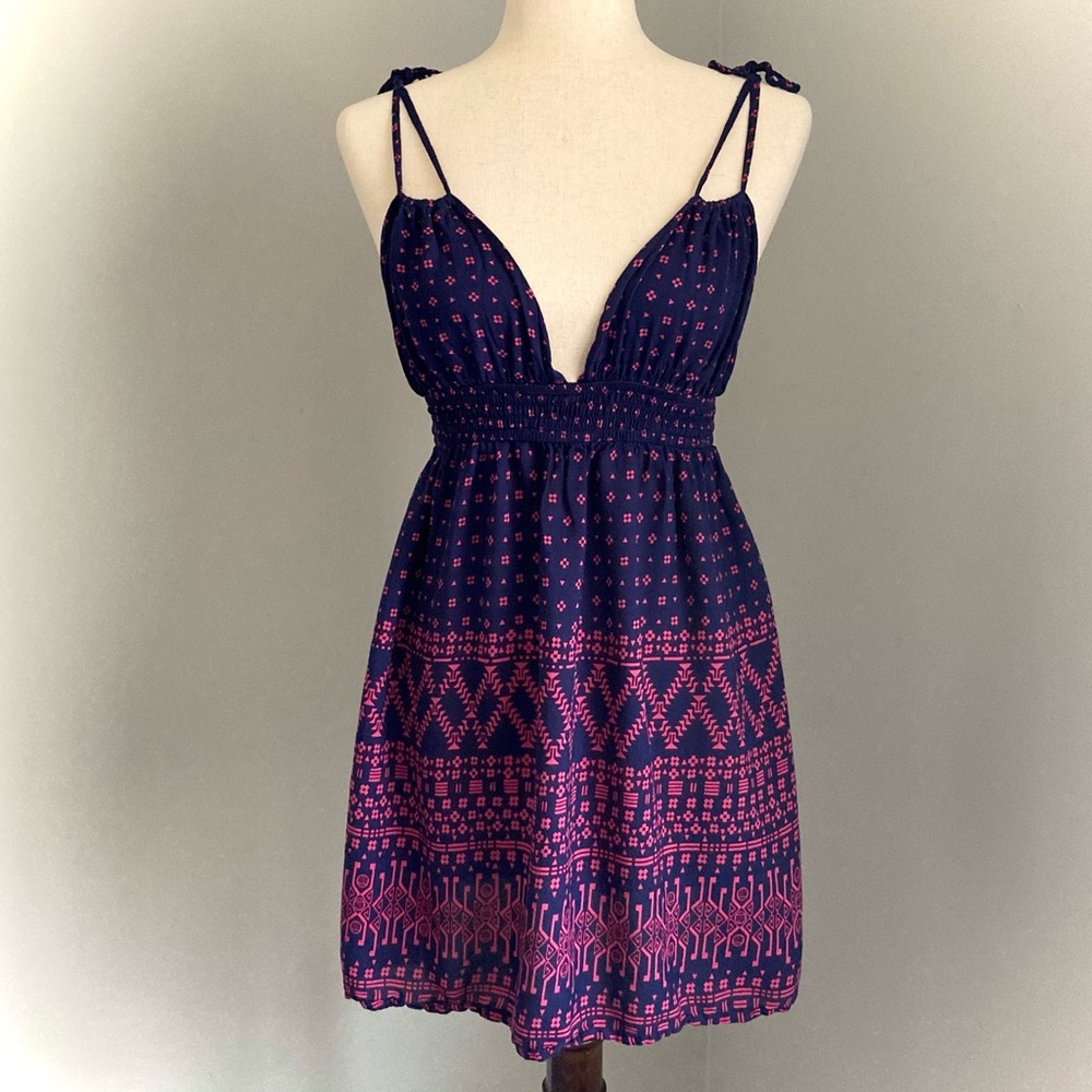 En Creme Navy Babydoll Dress Plunging Neckline